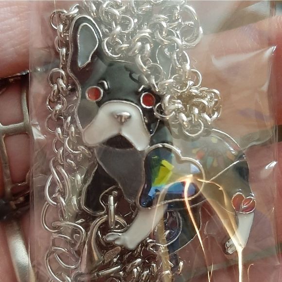 Silver titanium enamel and rainbow crystal French Bulldog boho necklace new - Picture 5 of 5